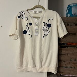 Vintage Cream and Navy Graphic Short Sleeve Top Northern Spirit Petites Large